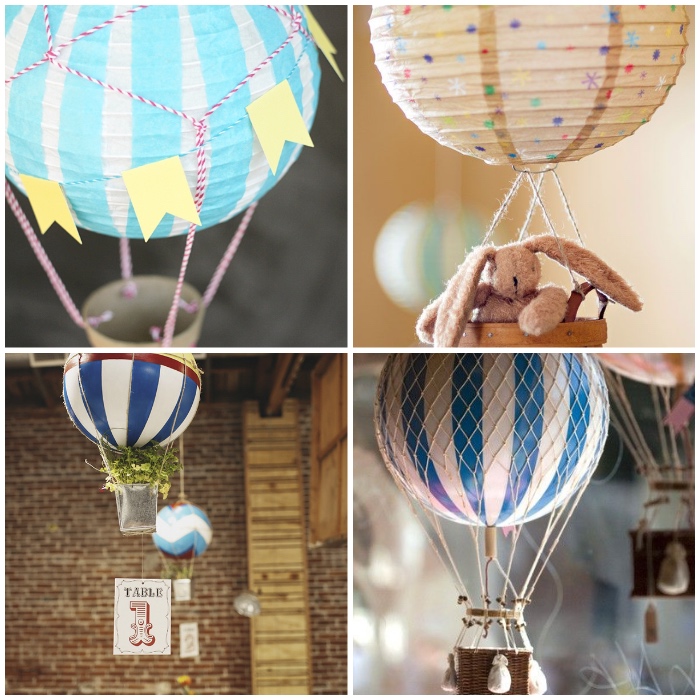 baby geschenk basteln, luftballons in verschiedenen designs, ball in weiß und blau, bunte papierlaternen