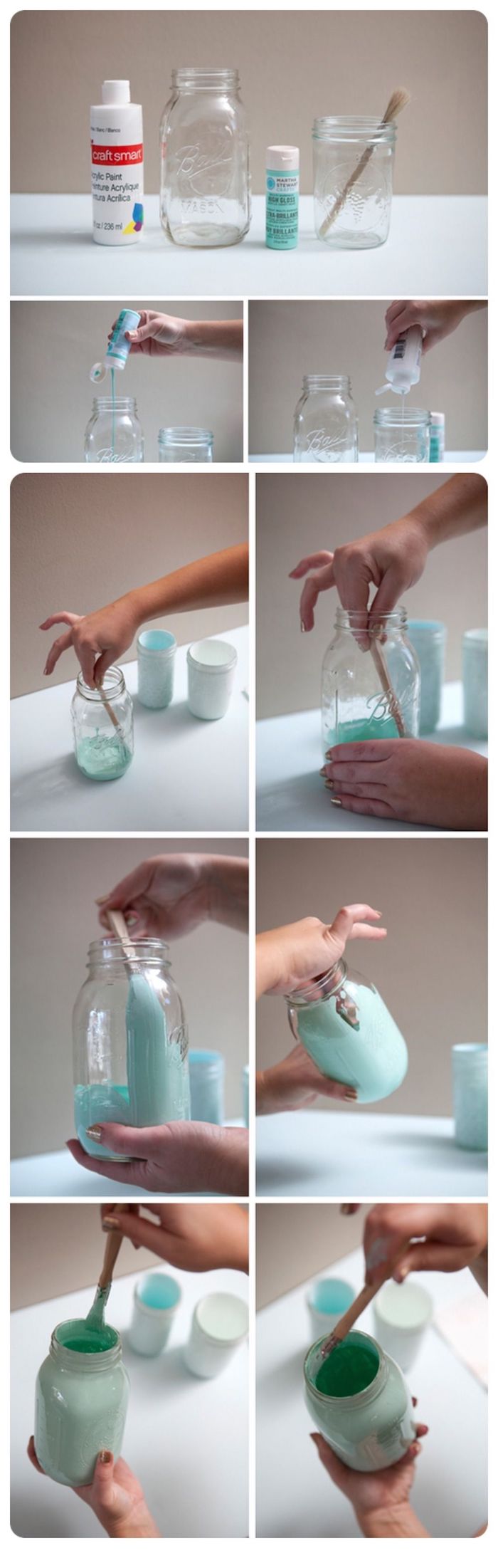 badezimmer deko basteln, diy vasen aus einmachgläsern, blaue farbe, tutorial