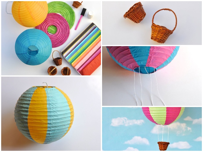 ballon geschenk basteln, papierlaternen in verschiedenen farben, kleine körbe, diy bastelideen