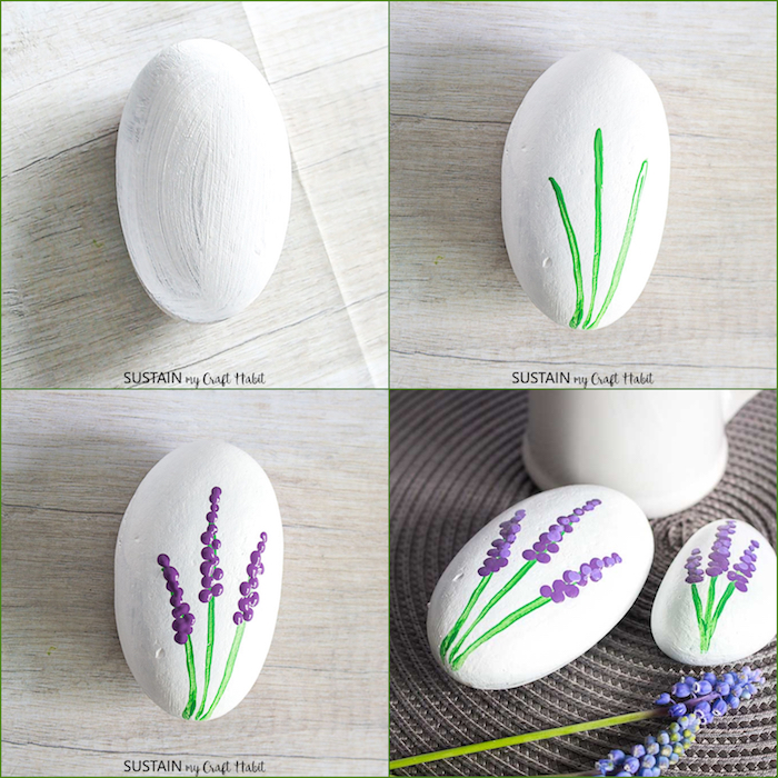 Steine mit weißer Acrylfarbe bemalen, Lavendel zeichnen, Anleitung in vier Schritten
