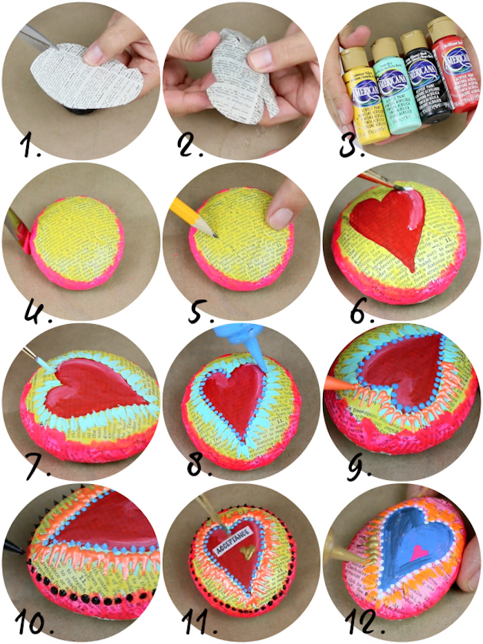 Steine mit Zeitungspapier dekorieren, Herzen zeichnen, Anleitung in zwölf Schritten