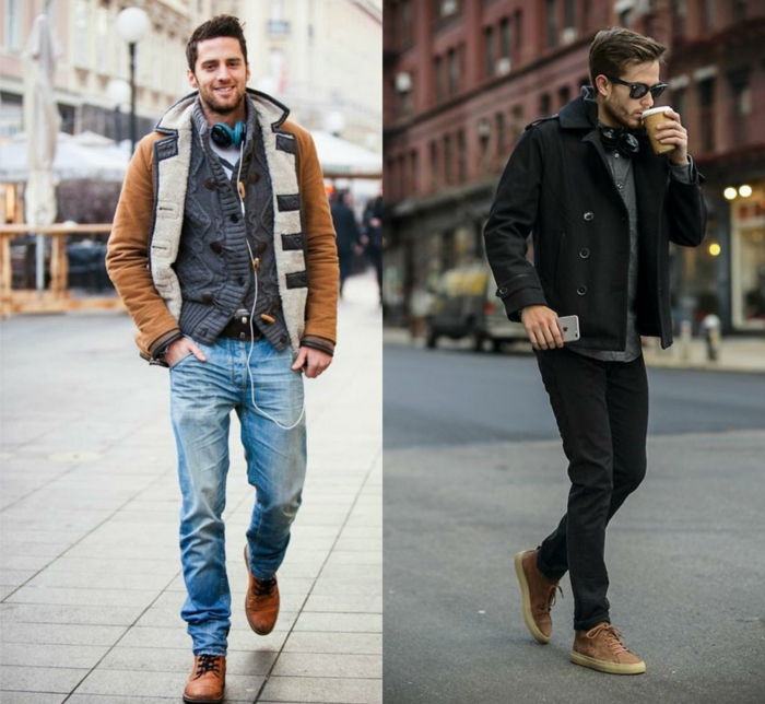 zwei coole Männer mit Winteroutfits, Jeans und Pullover, Herren Frisuren Kurz draußen