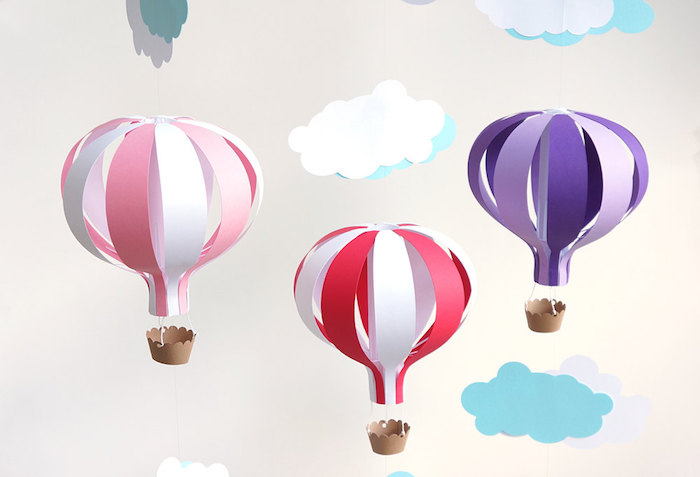 deko heißluftballon, basteln mit papier, tolle deko für das babyzimmer, wolken