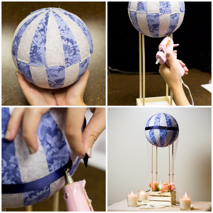 deko heißluftbalon, styroporball dekoriert mit stoff, tischdeko selber machen, tutorial