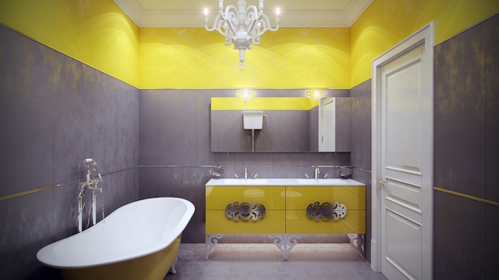wandfarbe gelb, ein badezimmer mit einer weißen badewanne und mit grauen und gelben wänden und einem spiegel und gelben badmöbeln, wand strewichen muster