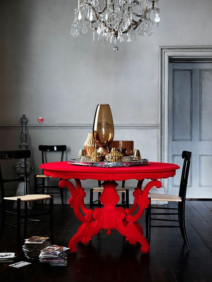graue Wände, roter Tisch, vier Stühle, Kristallkronleuchter, welche Farbe passt zu Rot