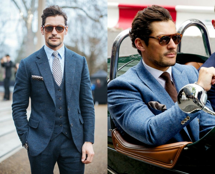 Kurzhaarschnitt Männer, ein blauer Anzug, eine bunte Krawatte, ein Mann mit auszeichneten Geschmack und Stil