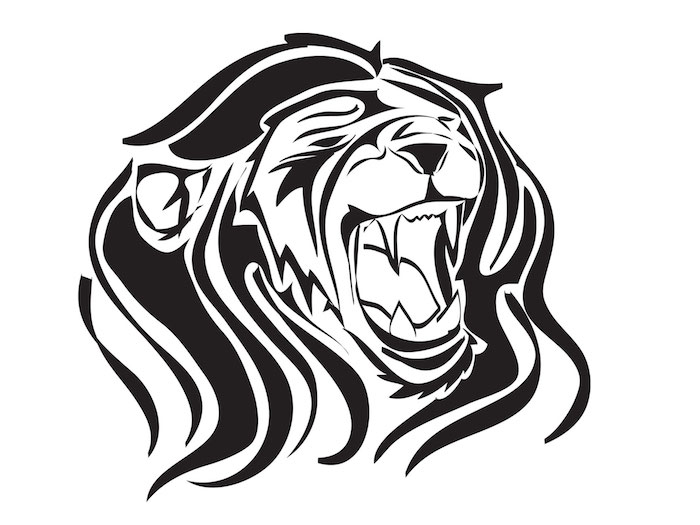 ein wilder schwarzer löwe mit einer dichten schwarzen mähne und mit weißen zähnen, ein symbol für stärke, ein schwarzes löwen tattoo