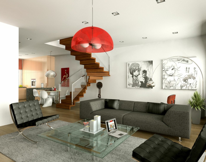 welche Farbe passt zu Grau, graue Sessel und graue Couch, grauer Teppich, roter Lampenschirm