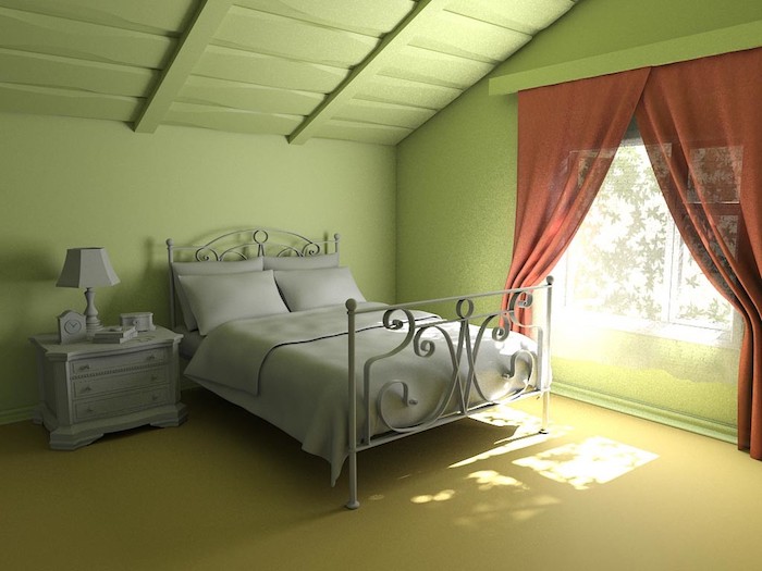 ein schlafzimmer mit grünen wänden und mit einem grauen bett mit einer grauen decke und grauen kissen, ein fenster mit einem roten vorhang, wand streichen ideen wohnzimmer