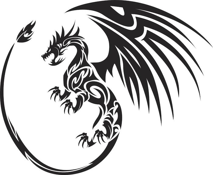 fliegender schwarzer drache mit scharfen zähnen und einem langen schwarzen schwanz und großen schwarzen flügeln, drachen tattoo symbol für stärke