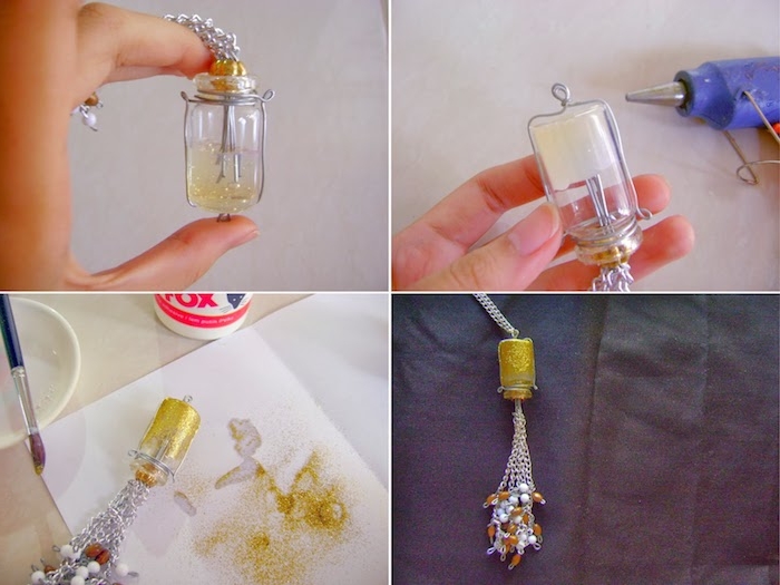 eine diy anleitung in vier schritten, eine hand und eine kette mit einer kleinen alten goldenen flasche für kontaktlinsen