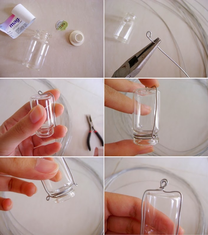 eine schritt für schritt diy anleitung für eine kette aus einer kleinen alten flsche für kontaktlinsen, eine hand und eine zange, recycling basteln