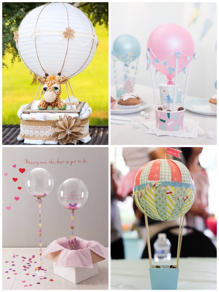 geschenke zum geburt basteln, rosa ballon, kleine giraffe, konfetti, weiße papierlaterne