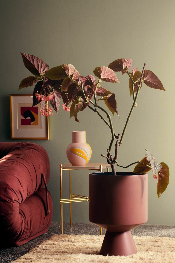 Designer Wohnzimmer, welche Farbe passt zu Bordeauxrot, Sofa und Blumentopf