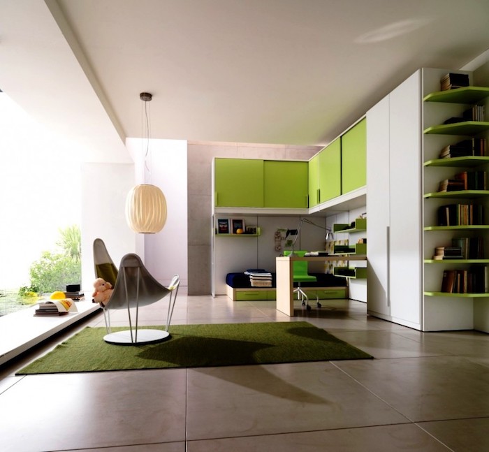 jugendzimmer einrichten, große keramikfliesen, weiße pendelleuchte, möbel in grün und weiß