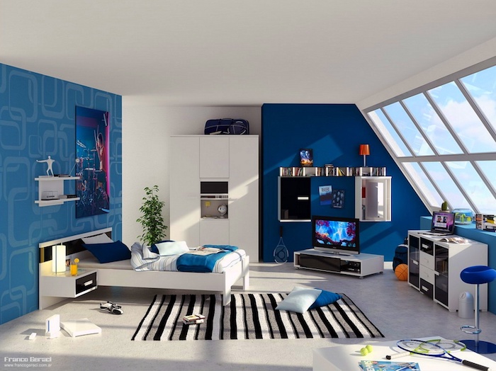 jugendzimmer gestalten, blaue wände, wandtapete mit geometrischem muster, große fenster