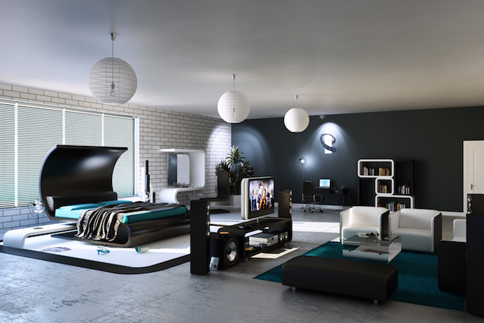 jugendzimmer gestalten, designer möbel in schwarz und weiß, runde pendelleuchten, weiße ziegelwand