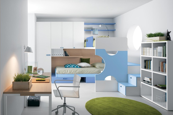 jugendzimmer gestalten, runder grüner teppich, möbel set in weiß und hellblau