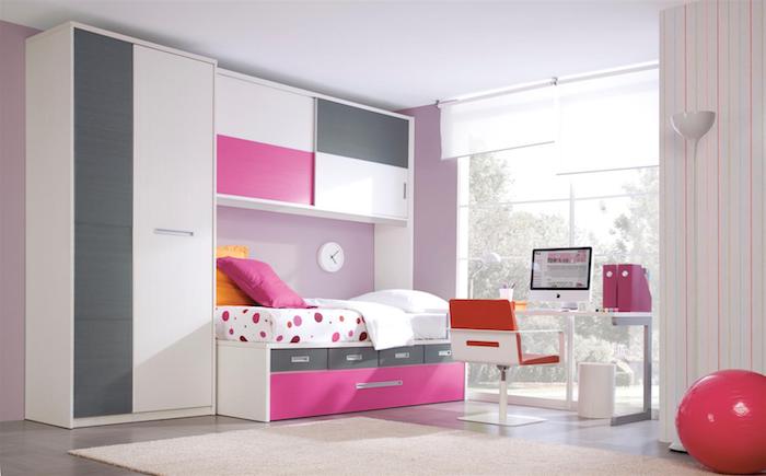jugendzimmer mädchen modern, rosa ball, bett mit schrank, möbel set in grau, rosa und weiß