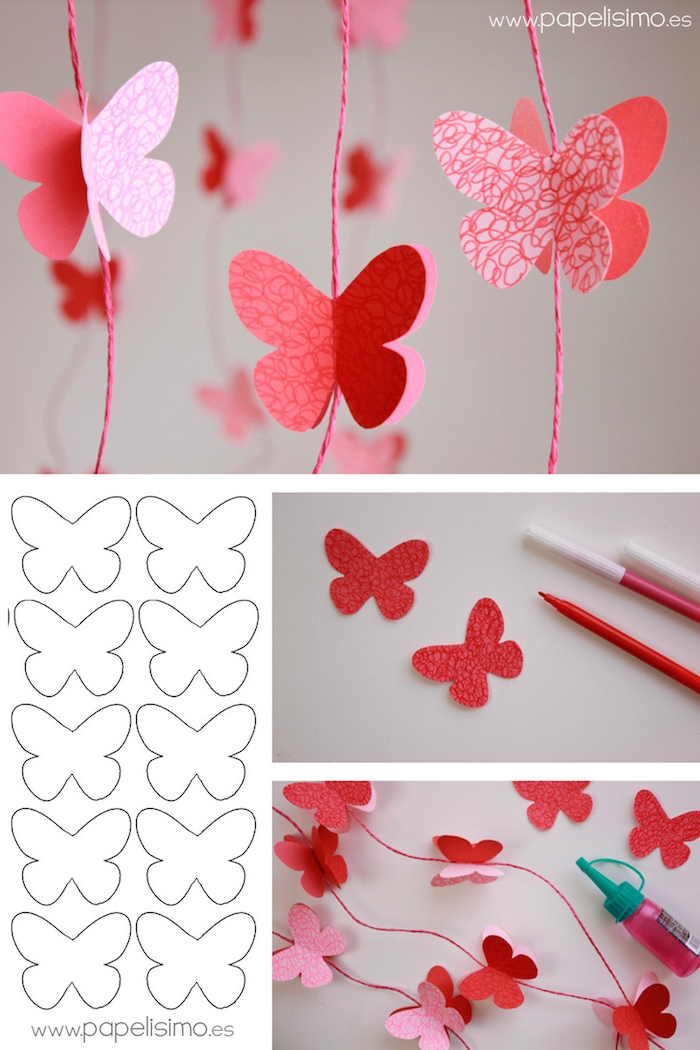 Rote Girlanden mit Schmetterlingen aus Papier selber machen, schöne Deko fürs Kinderzimmer