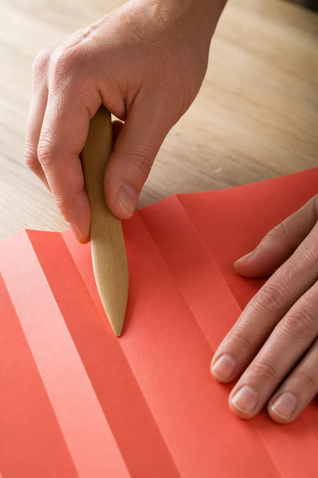 Hände ziehen mit Falzbein eine Faltkante auf farbigem Tonpapier nach