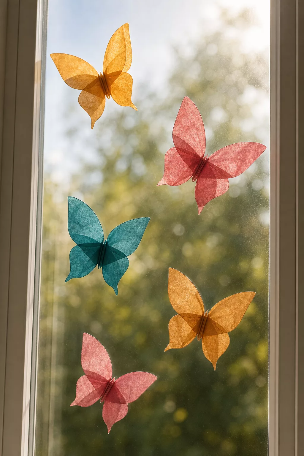 Transparentpapier-Schmetterlinge leuchten im Gegenlicht am Fenster