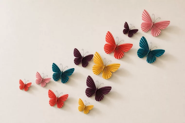 Schmetterling basteln: Papierschwarm mit abstehenden Flügeln an heller Wand