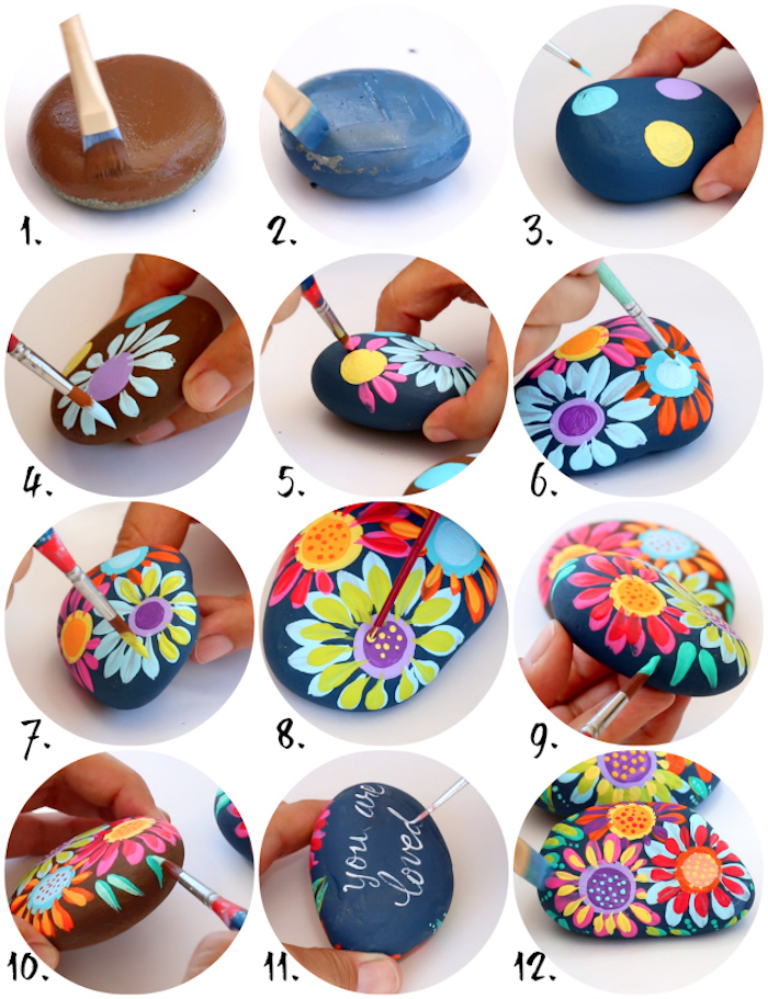 Steine selbst vertieren, DIY Anleitung in zwölf Schritten, bunte Blumen zeichnen