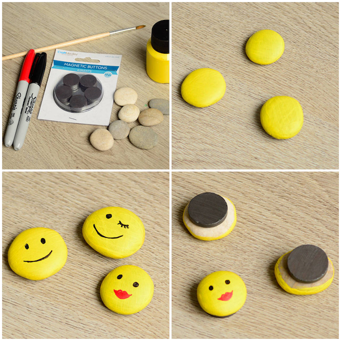 Emoticons Magnete selber machen, Steine mit gelber Farbe bemalen, Gesichter mit Marker zeichnen