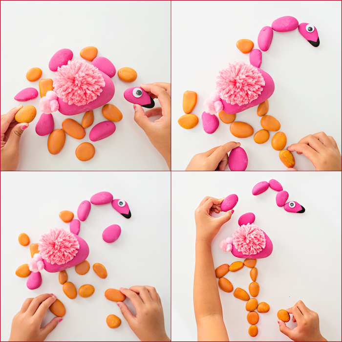 Flamingo aus kleinen Steinen, rosa Pompon und Wickelauge kleben, basteln mit Kindern