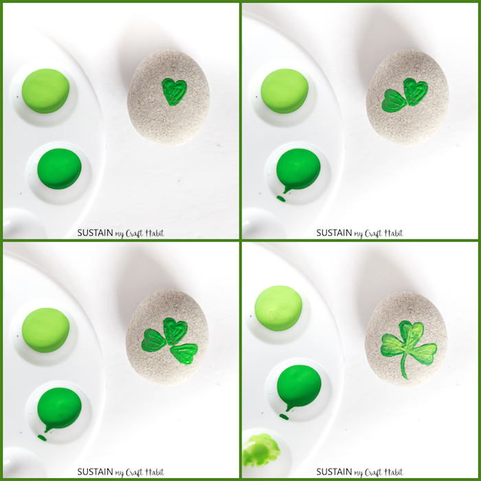 Steine bemalen, Anleitung in vier Schritten, Kleeblatt mit grüner Farbe zeichnen