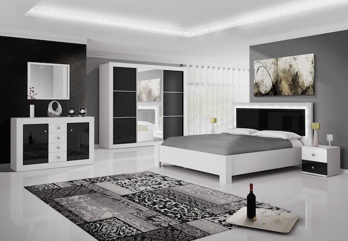 schlafzimmer in schwarz und weiß einrichten, wand grau streichen, möbel set