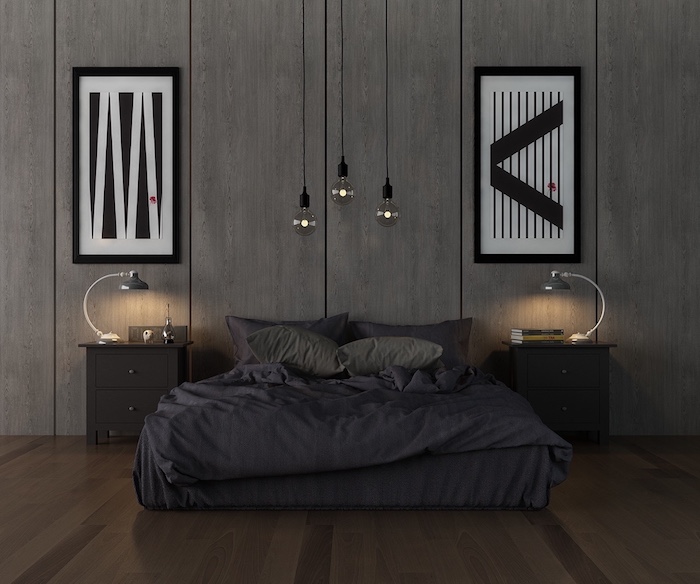 schwarze bettwäsche, zwei bilder mit geometrischen motiven, wand grau streichen