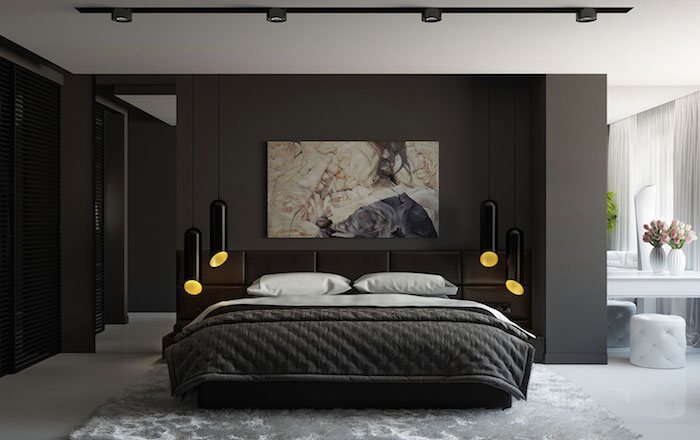 wandfarbe anthrazit, schwarze hängelampen, großes abstraktes bild, schlafzimmer deko