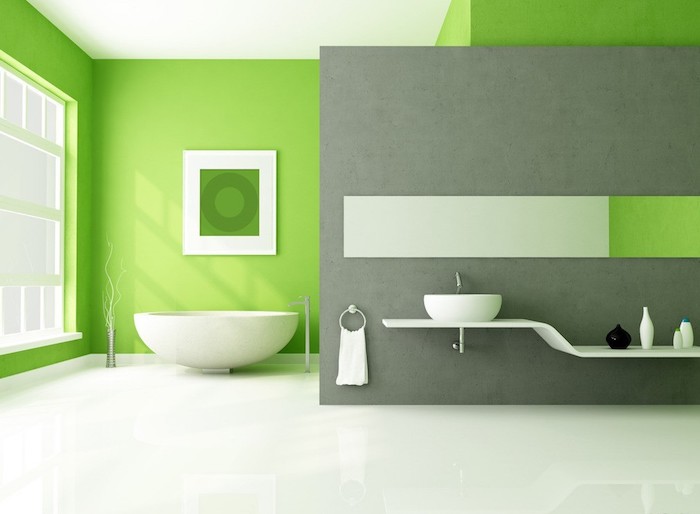 wandfarbe grautöne, badezimmer einrichtung in grpn und grau, minimalistischem design