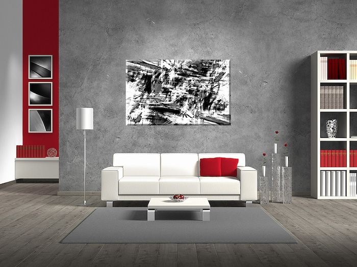 wandgestaltung wohnzimmer, beton muster, abstraktes bild, weißes sofa, rote dekokissen