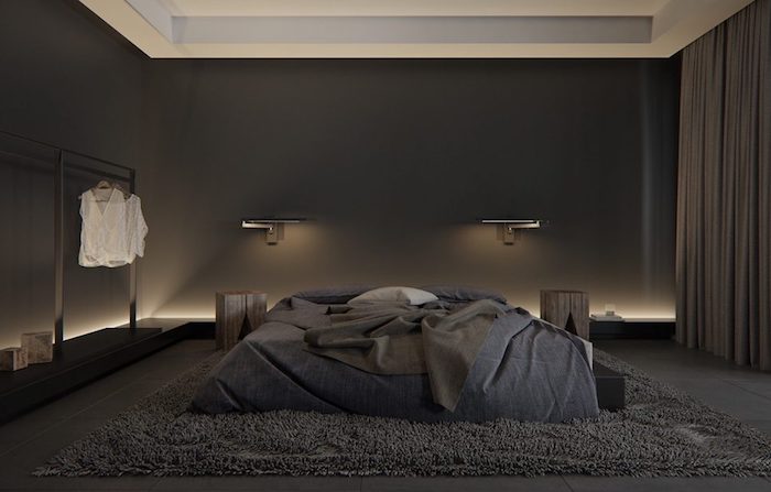 wandfarbe anthrazit, schlafzimmer beleuchtung, fleuschiger teppich, minimalistisch