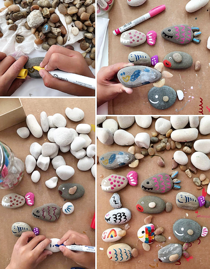 DIY Idee für Kinder, Steine mit Filzstiften bemalen, kleine Fische selbst gestalten