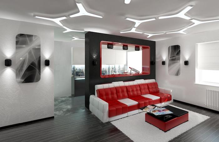 decke mit led beleuchtung, welche farbe pafft zu grau, sofa in weiß und rot