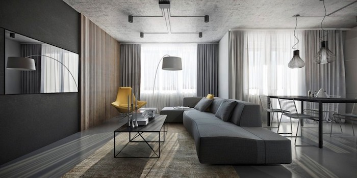 welche farbe passt zu grau, großes sofa, gelber designer sessel, eckiger spiegel