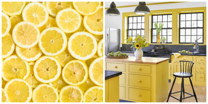 gelbe einrichtung und deko für ein wohnzimmermöbel modern, eine bild collage aus zitronen und gelb und blau eingerichtetem raum