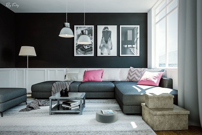 wohnzimmer weiß grau, anthrazit wandfarbe, drei bilder, rosa dekokissen, großer teppich
