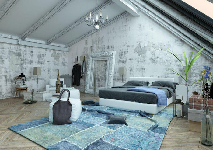 bett für dachschräge, schlafzimmer in modernen industrial stil, weißer bilderrahmen, blauer teppich