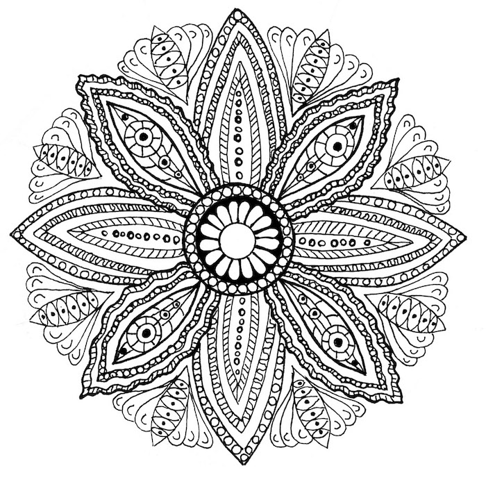 mandala blumen zum ausdrucken, ein ausmalbild mit einer großen weißen mandala blume mit vielen kleinen und großen schwarzen und weißen mandala blumen