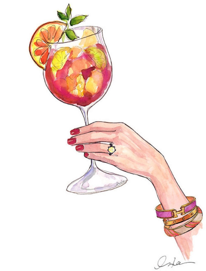 Schönes Bild zum Nachmalen, Frauenhand und Cocktail, drei Armbänder und roter Nagellack