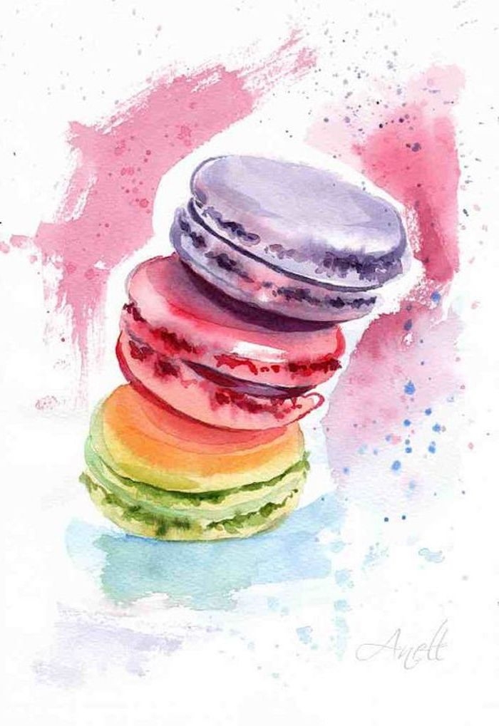 Schöne Zeichnungen, drei französische Macarons, lila rot und grün, Leckereien selber malen