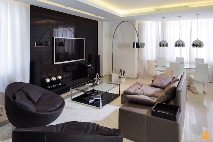 elegante deko wohnzimmer modern einrichten in schwarz, hellbraun und beige, weiß und silbern als akzentfarben bei der deko