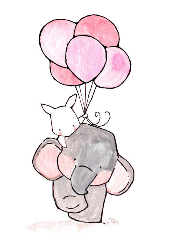 Babys Elefant und Hase, der Hase hält fünf rosafarbene Ballons, schöne Illustration