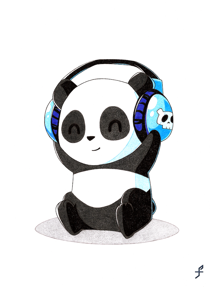 Lustige und leichte Zeichnungen, Panda mit Hörern selber malen, Zeichnung mit Bleistift 